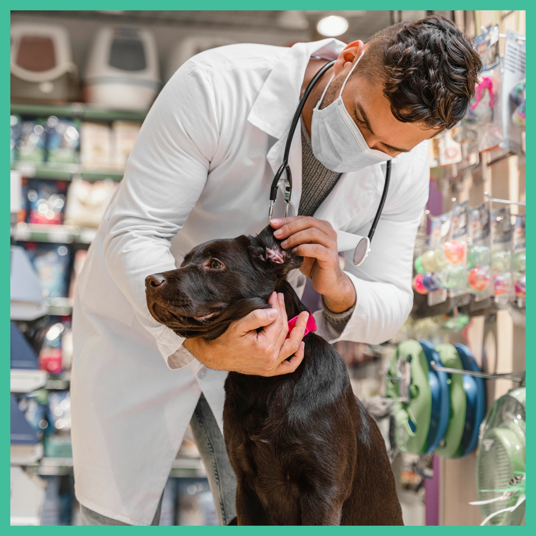 Veterinarian examining a dog's ear during a health checkup in a pet clinic