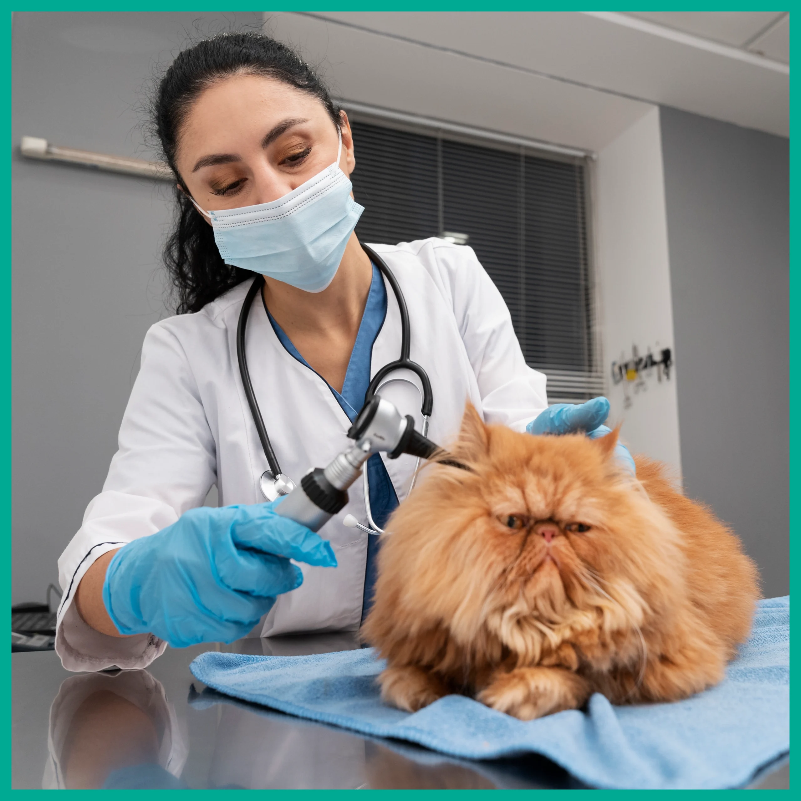 Female veterinarian in a mask and gloves using an otoscope to examine the ear of a fluffy Persian cat during a veterinary check-up.